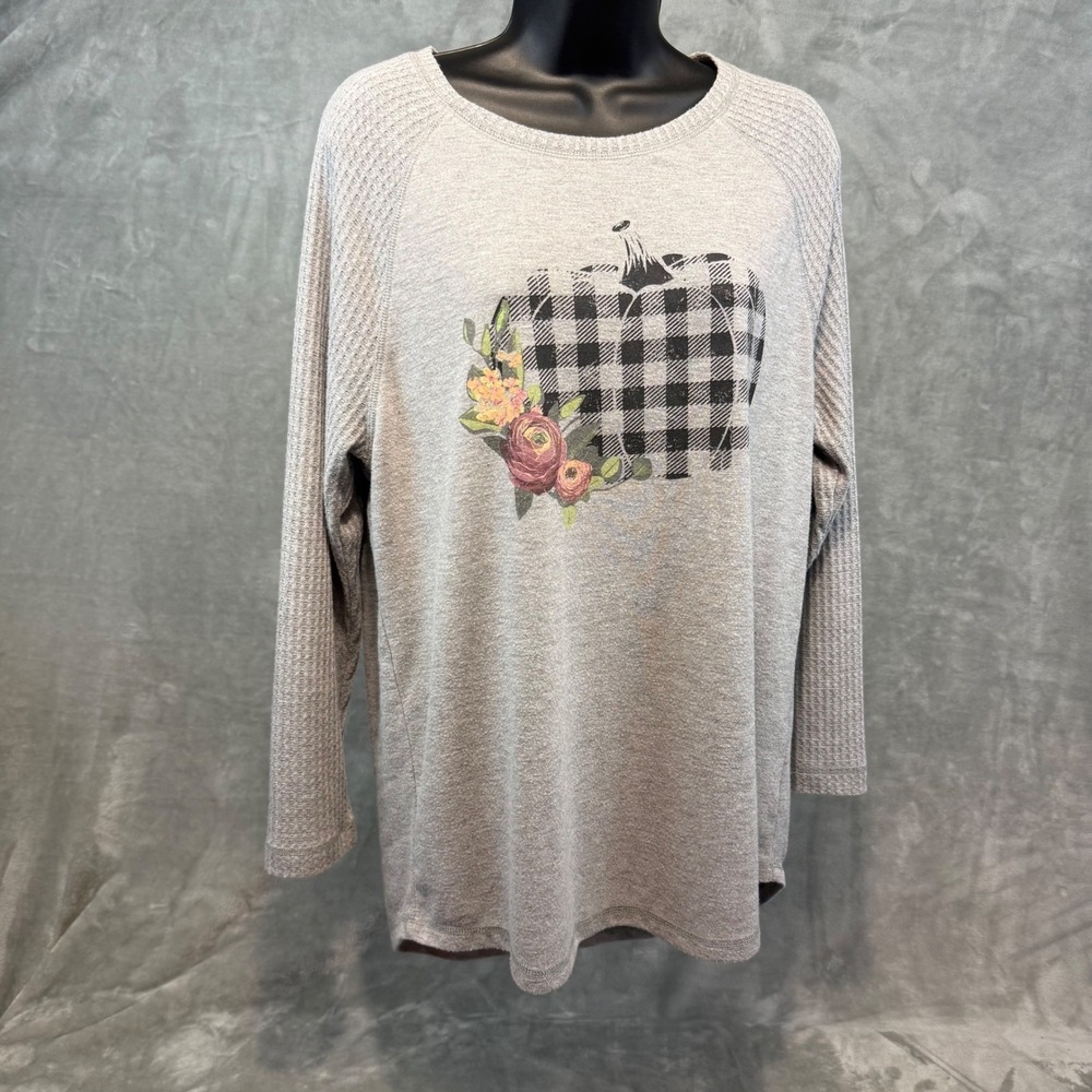 Modern Canvas Gray Buffalo Plaid Pumpkin Floral Graphic Tunic Top Womens Large